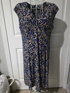 Chaps  PXL Blue and Cream Cap-Sleeve V-Neck Midi Dress